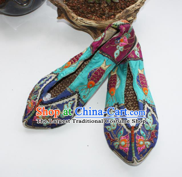 Chinese Handmade Shui Nationality Bride Shoes Yunnan Ethnic Blue Cloth Shoes Traditional Embroidered Shoes