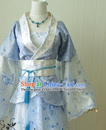 China Traditional Jin Dynasty Princess Blue Hanfu Dress Cosplay Fairy Jun Fu Clothing Ancient Court Lady Garments