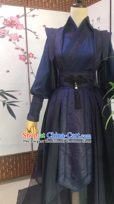 Chinese Ancient Assassin Garment Costumes Cosplay Swordsman Gu Yun Clothing Traditional Qin Dynasty Knight Navy Apparels