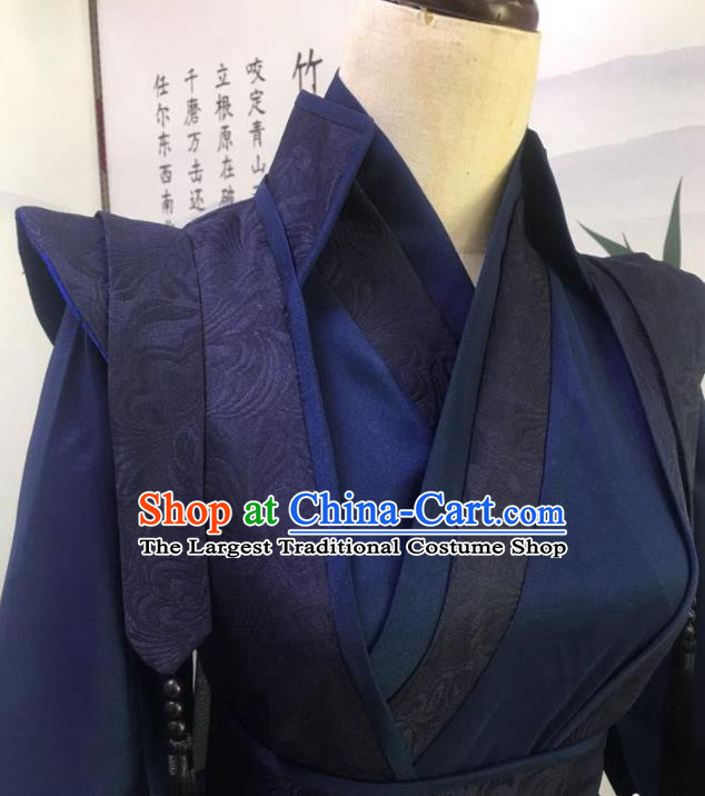 Chinese Ancient Assassin Garment Costumes Cosplay Swordsman Gu Yun Clothing Traditional Qin Dynasty Knight Navy Apparels