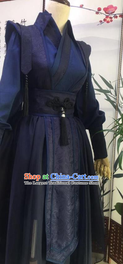 Chinese Ancient Assassin Garment Costumes Cosplay Swordsman Gu Yun Clothing Traditional Qin Dynasty Knight Navy Apparels
