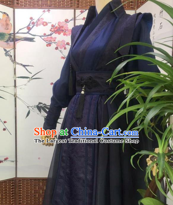 Chinese Ancient Assassin Garment Costumes Cosplay Swordsman Gu Yun Clothing Traditional Qin Dynasty Knight Navy Apparels