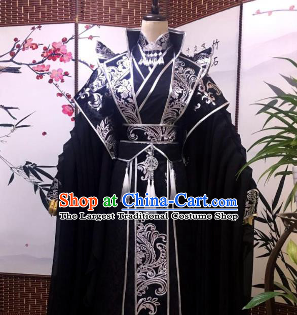 Chinese Traditional Qin Dynasty Royal Highness Apparels Ancient Swordsman King Black Garment Costumes Cosplay Monarch Chang Geng Clothing