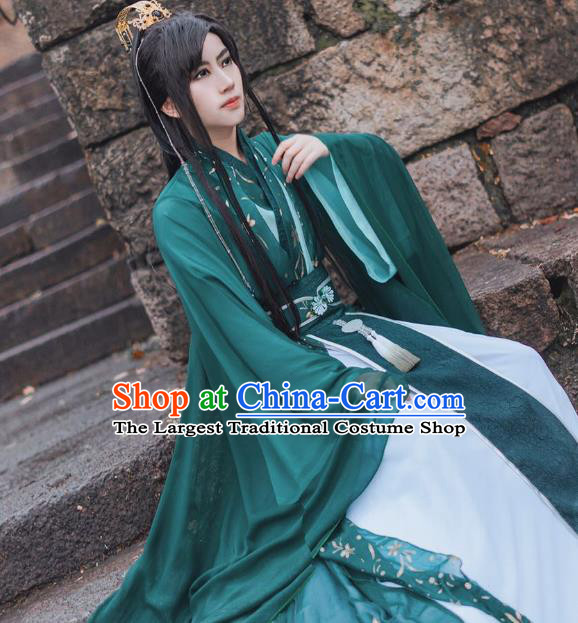 Chinese Cosplay King Shen Qing Qiu Clothing Traditional Jin Dynasty Royal Highness Apparels Ancient Swordsman Green Garment Costumes