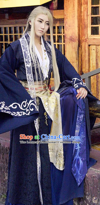 China Ancient Royal Highness Apparels Tang Dynasty Swordsman Garment Costumes Traditional Cosplay Dragon King Navy Hanfu Clothing