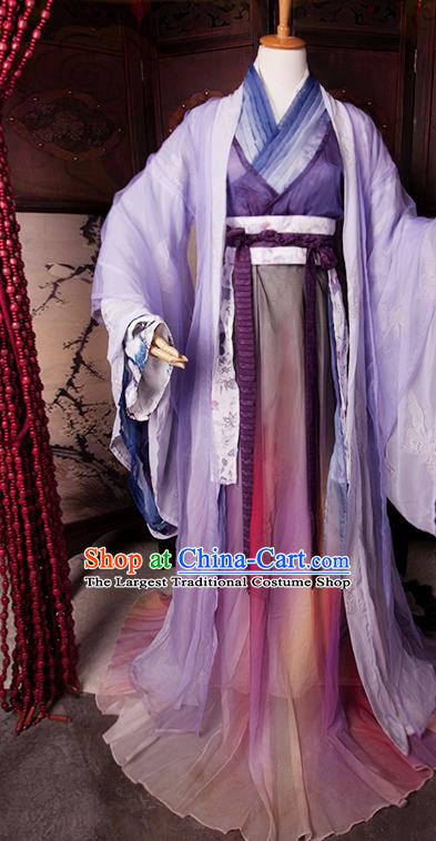 China Ancient Prince Apparels Jin Dynasty Childe Garment Costumes Traditional Cosplay Swordsman Purple Hanfu Clothing