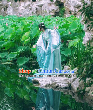 China Traditional Jin Dynasty Princess Blue Hanfu Dress Cosplay Swordswoman Clothing Ancient Water Goddess Garments