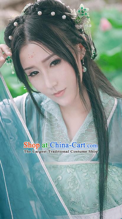 China Traditional Jin Dynasty Princess Blue Hanfu Dress Cosplay Swordswoman Clothing Ancient Water Goddess Garments