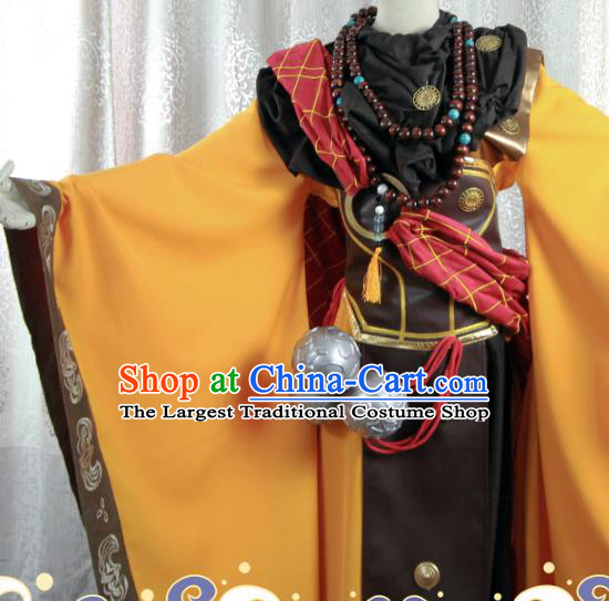 Chinese Traditional Myth Warrior Apparels Ancient Swordsman Garment Costumes Cosplay Monk Yellow Robe Clothing