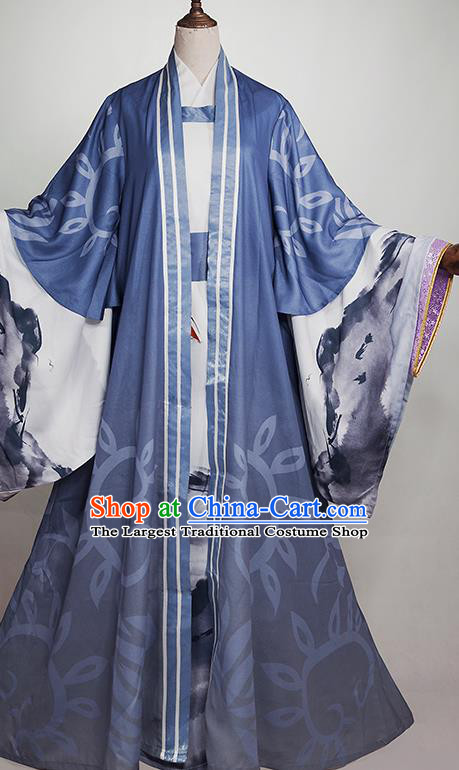 Chinese Cosplay Knight Blue Clothing Traditional Jin Dynasty Scholar Apparels Ancient Swordsman Garment Costumes