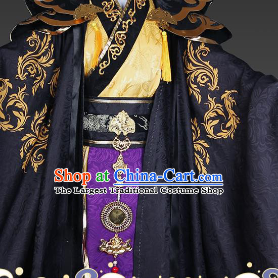Chinese Traditional Qin Dynasty Monarch Apparels Ancient Emperor Black Garment Costumes Cosplay King Clothing