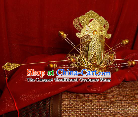 China Traditional Ancient Prince Golden Hair Crown Hairpins Heaven Official Blessing Cosplay Swordsman Xie Lian Headdress