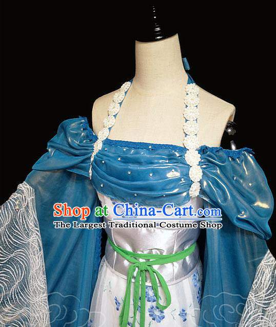 China Traditional Song Dynasty Princess Blue Hanfu Dress Cosplay Drama Seven Fairy Qing Er Clothing Ancient Goddess Garments