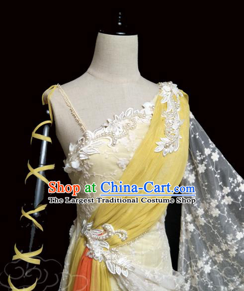 China Traditional Dance Performance Yellow Hanfu Dress Cosplay Drama Seven Fairy Huang Er Clothing Ancient Goddess Princess Garments