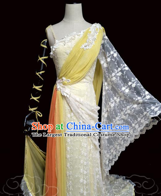 China Traditional Dance Performance Yellow Hanfu Dress Cosplay Drama Seven Fairy Huang Er Clothing Ancient Goddess Princess Garments