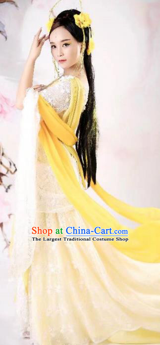 China Traditional Dance Performance Yellow Hanfu Dress Cosplay Drama Seven Fairy Huang Er Clothing Ancient Goddess Princess Garments