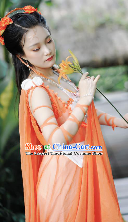 China Cosplay Drama Seven Fairy Cheng Er Clothing Ancient Goddess Princess Garments Traditional Dance Orange Hanfu Dress
