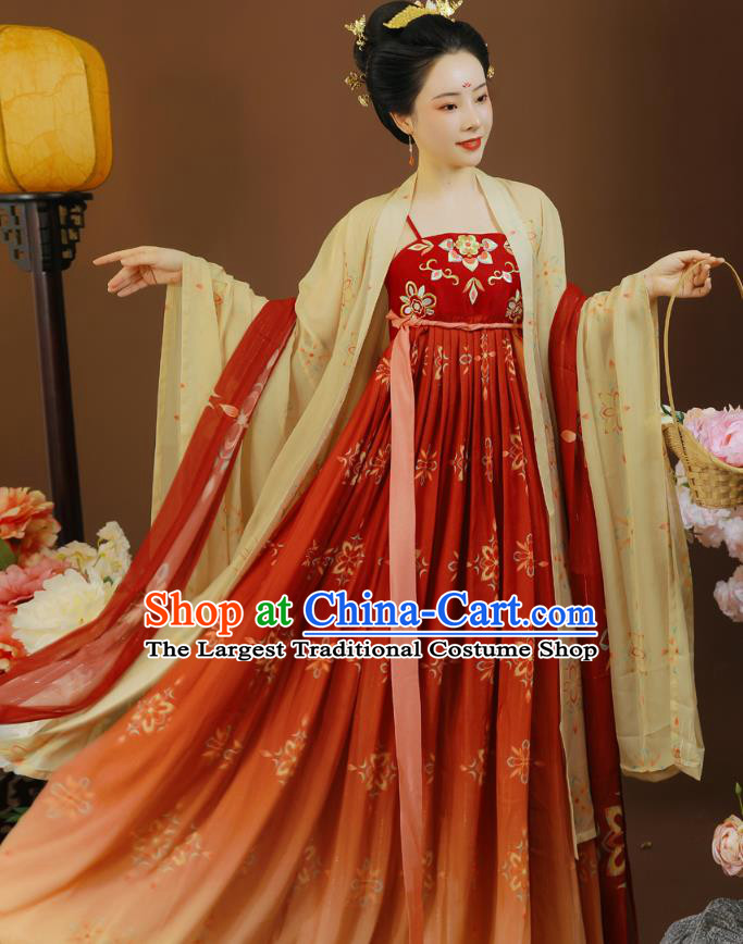 China Tang Dynasty Imperial Concubine Clothing Traditional Red Hanfu Dress Garment Ancient Court Woman Embroidered Apparels