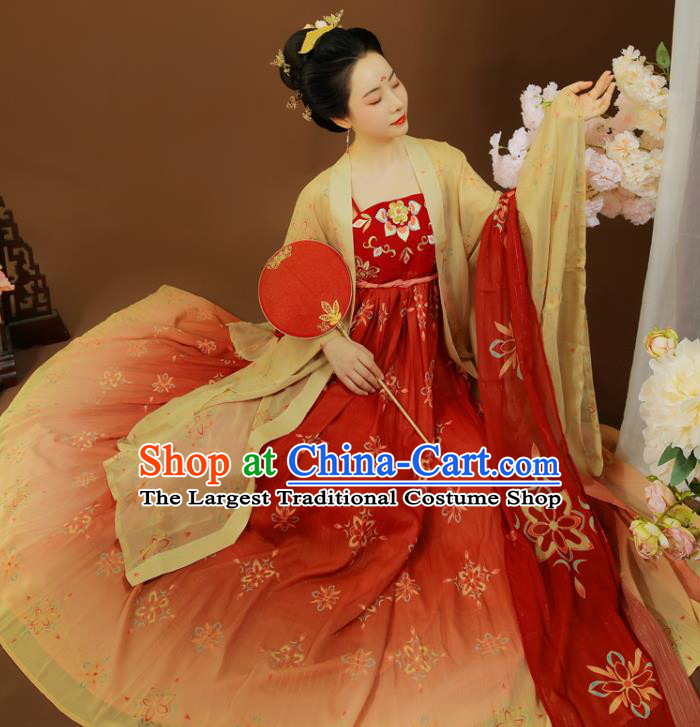 China Tang Dynasty Imperial Concubine Clothing Traditional Red Hanfu Dress Garment Ancient Court Woman Embroidered Apparels