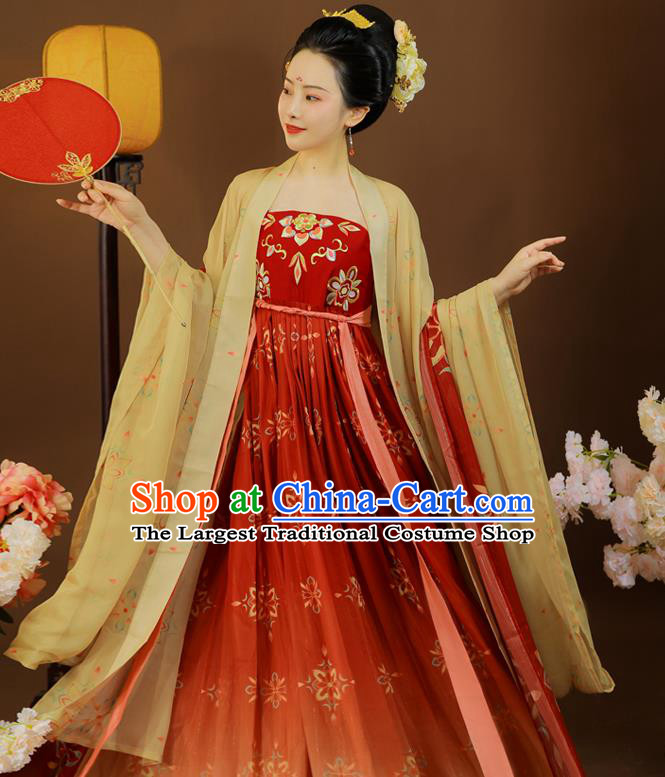 China Tang Dynasty Imperial Concubine Clothing Traditional Red Hanfu Dress Garment Ancient Court Woman Embroidered Apparels
