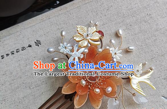 China Ming Dynasty Palace Lady Hair Comb Traditional Hanfu Hair Accessories Handmade Ancient Court Woman Agate Lotus Hairpin