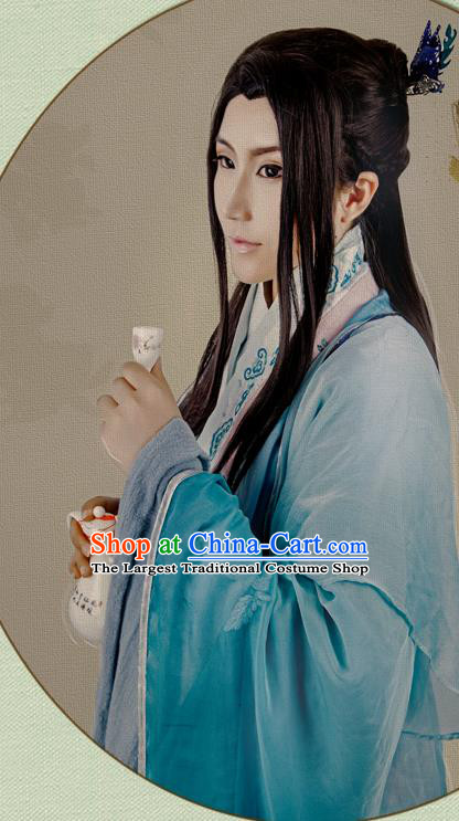 China Jin Dynasty Childe Garment Costumes Traditional Cosplay Swordsman Blue Hanfu Clothing Ancient Young Scholar Apparels