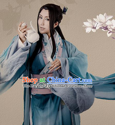 China Jin Dynasty Childe Garment Costumes Traditional Cosplay Swordsman Blue Hanfu Clothing Ancient Young Scholar Apparels