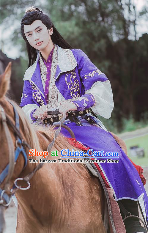 China Ancient Young Hero Apparels Jin Dynasty Childe Garment Costumes Traditional Cosplay Swordsman Purple Hanfu Clothing