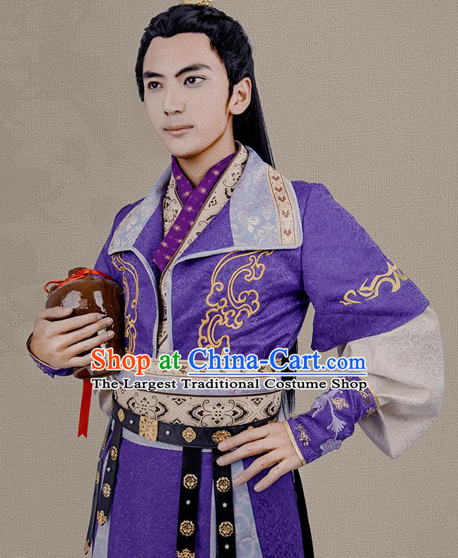 China Ancient Young Hero Apparels Jin Dynasty Childe Garment Costumes Traditional Cosplay Swordsman Purple Hanfu Clothing