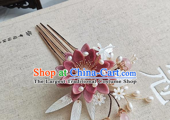 China Ming Dynasty Princess Shell Flowers Hair Comb Traditional Hanfu Hair Accessories Handmade Ancient Court Woman Pink Daisy Hairpin
