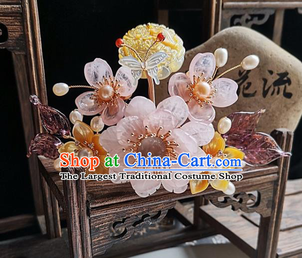China Tang Dynasty Empress Shell Hair Crown Traditional Hanfu Hair Accessories Handmade Ancient Court Woman Rose Quartz Peony Hairpin