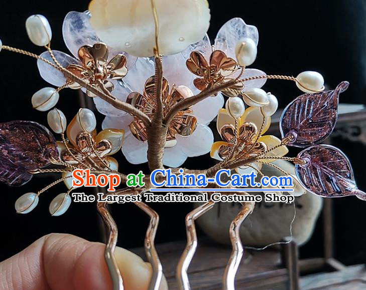 China Tang Dynasty Empress Shell Hair Crown Traditional Hanfu Hair Accessories Handmade Ancient Court Woman Rose Quartz Peony Hairpin