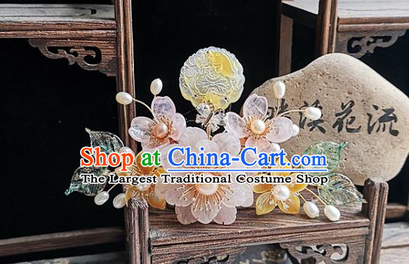 China Traditional Hanfu Hair Accessories Handmade Ancient Court Woman Rose Quartz Peony Hairpin Tang Dynasty Empress Shell Hair Comb