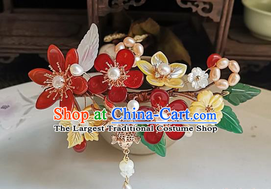 China Ming Dynasty Pearls Tassel Hair Comb Traditional Hanfu Hair Accessories Handmade Ancient Imperial Concubine Agate Plum Hairpin