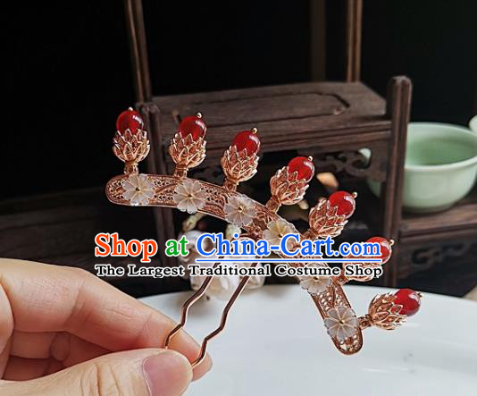 China Ming Dynasty Shell Flowers Hair Comb Traditional Hanfu Hair Accessories Handmade Ancient Empress Golden Hairpin