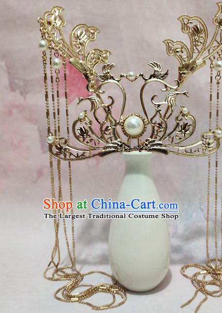 China Tang Dynasty Princess Golden Hair Crown Traditional Hanfu Hair Accessories Handmade Ancient Court Woman Tassel Hairpin