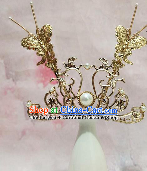 China Tang Dynasty Princess Golden Hair Crown Traditional Hanfu Hair Accessories Handmade Ancient Court Woman Tassel Hairpin