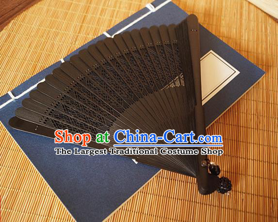 Handmade China Classical Black Accordion Traditional Folding Fans Carving Bamboo Fan
