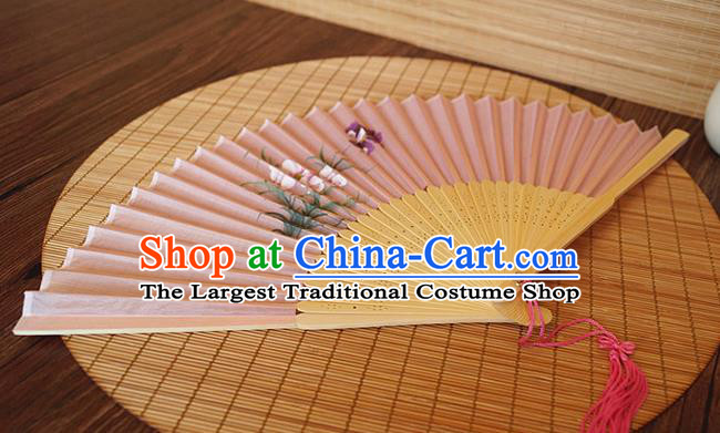 Handmade China Traditional Folding Fans Bamboo Fan Classical Suzhou Pink Silk Accordion Printing Orchids Fan