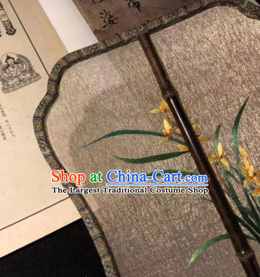 China Handmade Double Side Suzhou Embroidered Orchids Fan Traditional Silk Fans Cheongsam Kesi Fan Classical Dance Palace Fan