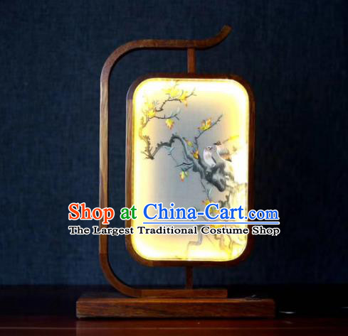 Chinese LED Lantern Embroidered Birds Table Screen Suzhou Embroidery Craft Handmade Desk Lamp