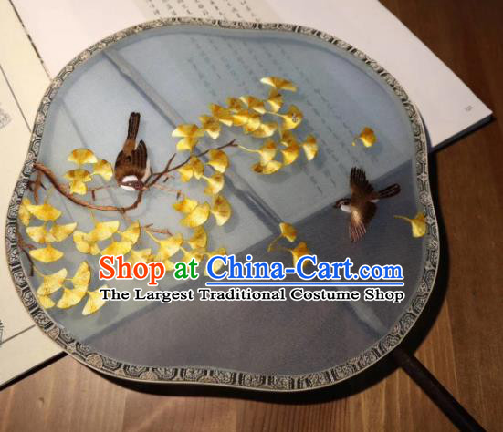 China Handmade Ming Dynasty Court Fans Traditional Hanfu Fan Embroidered Ginkgo Leaf Palace Fan Double Side Blue Silk Fan