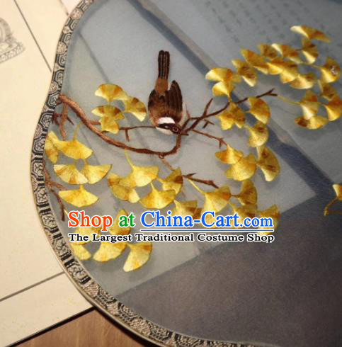 China Handmade Ming Dynasty Court Fans Traditional Hanfu Fan Embroidered Ginkgo Leaf Palace Fan Double Side Blue Silk Fan