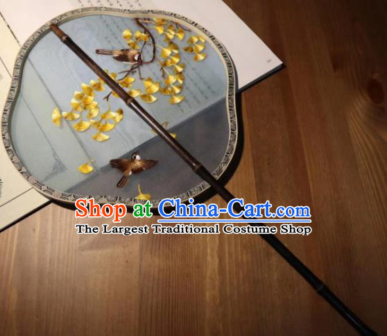 China Handmade Ming Dynasty Court Fans Traditional Hanfu Fan Embroidered Ginkgo Leaf Palace Fan Double Side Blue Silk Fan