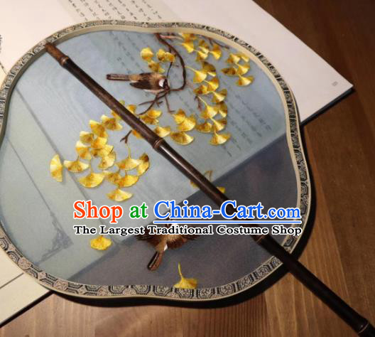 China Handmade Ming Dynasty Court Fans Traditional Hanfu Fan Embroidered Ginkgo Leaf Palace Fan Double Side Blue Silk Fan