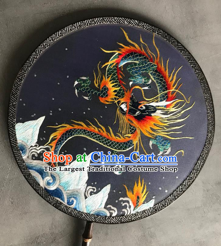 China Suzhou Embroidered Dragon Fan Handmade Double Side Palace Fan Classical Circular Fans Traditional Hanfu Navy Silk Fan