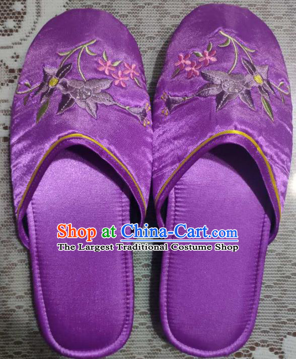 Chinese Embroidery Petunia Slippers Wedding Shoes Handmade Purplen Satin Shoes