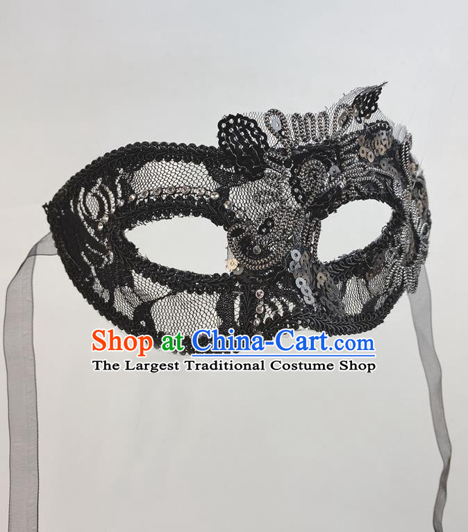Halloween Stage Performance Deluxe Headpiece Cosplay Party Lace Mask Handmade Black Sequins Face Mask