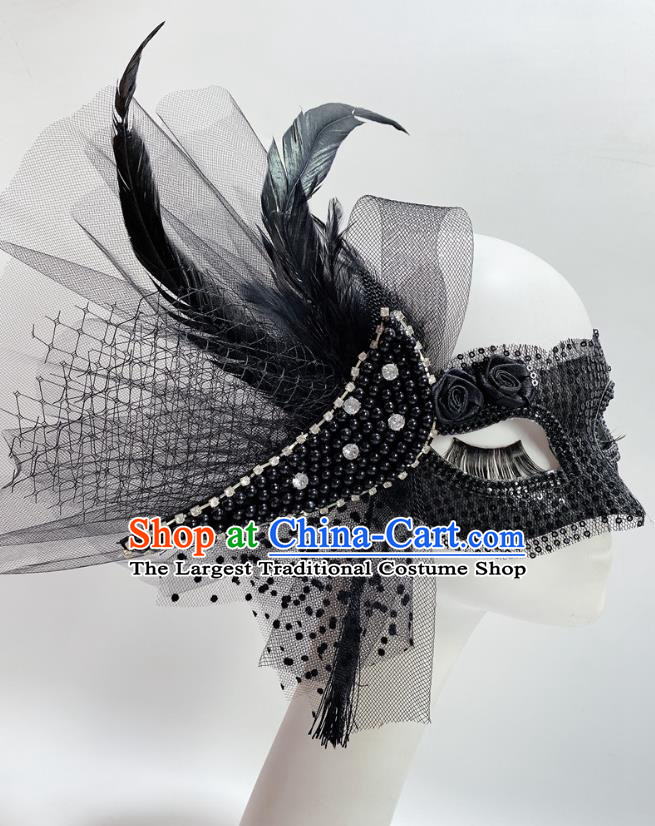 Handmade Deluxe Black Beads Face Mask Stage Performance Blinder Headpiece Halloween Cosplay Party Feather Mask