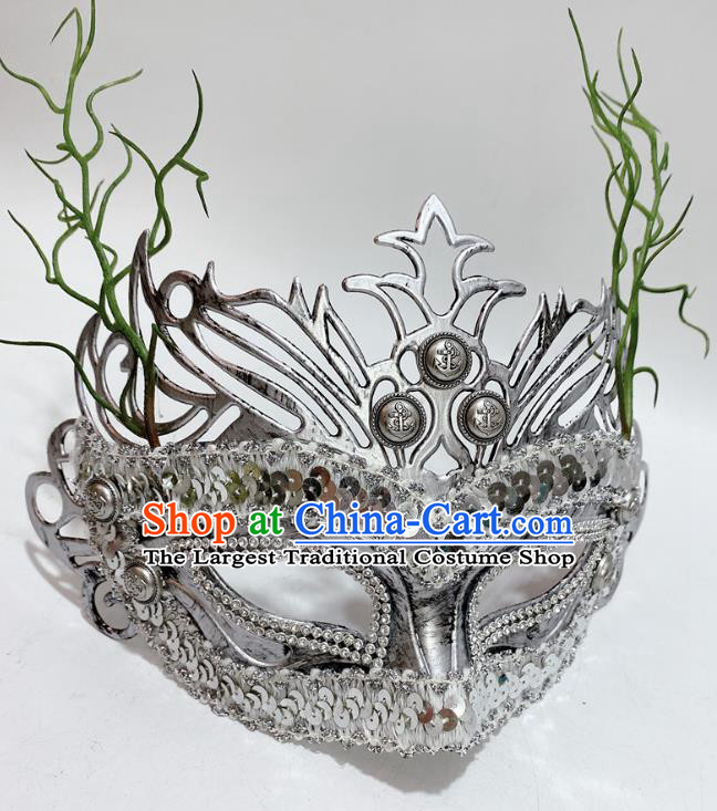 Professional Stage Performance Face Mask Rio Carnival Headwear Halloween Party Cosplay Argent Sequins Mask